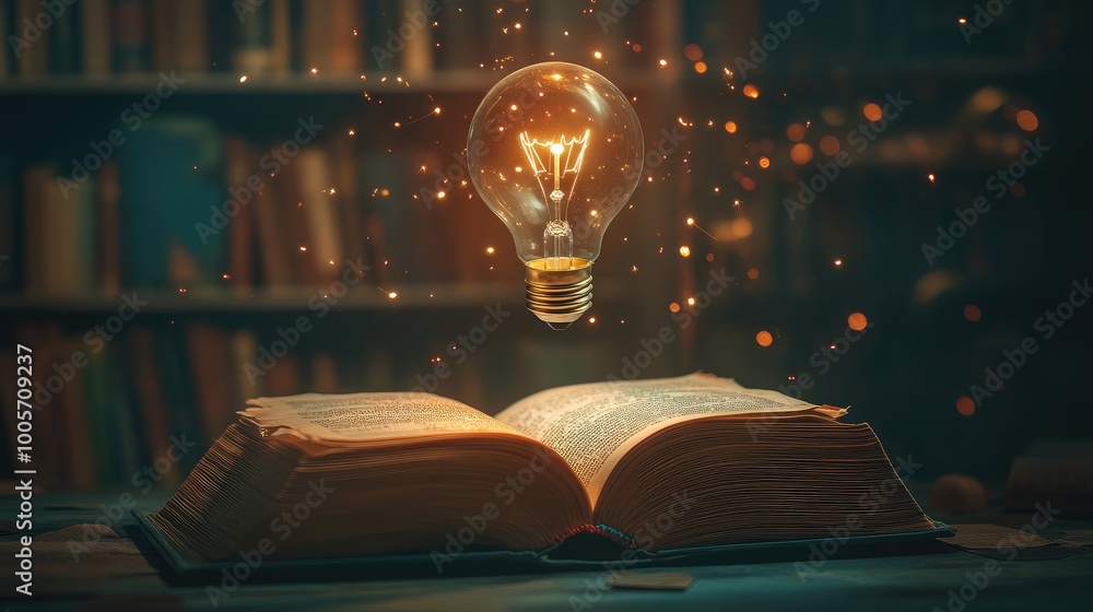 Poster open book with a floating, glowing lightbulb above it, flickering softly to illuminate the pages. no