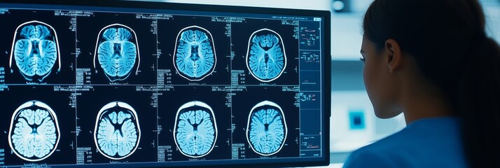 A medical professional analyzes MRI scans on a monitor, focusing on brain images for diagnostics and patient care.