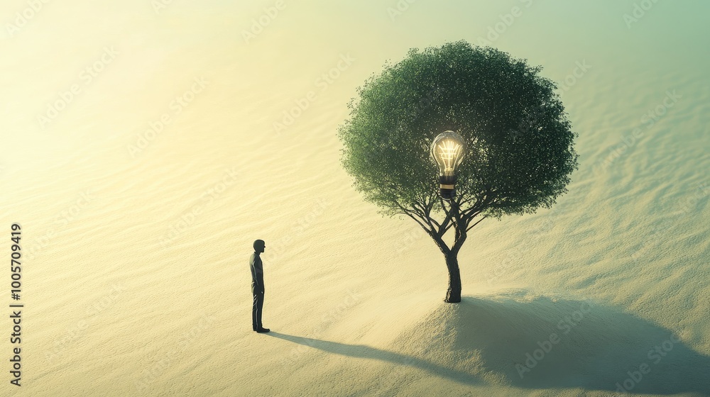 Aufkleber tree with a lightbulb replacing its canopy, standing on sand, casting a manas shadow. ai-generated c