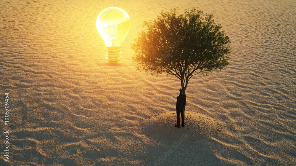 Poster tree with a lightbulb replacing its canopy, standing on sand, casting a manas shadow. ai-generated c