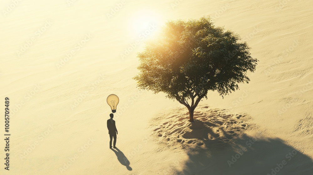 Poster tree with a lightbulb replacing its canopy, standing on sand, casting a manas shadow. ai-generated c