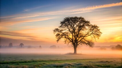 Majestic tree in a serene misty sunrise landscape