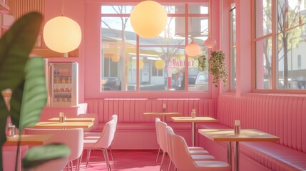 Kitschy pink cafe, generative AI design with quirky elements, retro furnishings, and bright light streaming through clear windows12dcf1dfda94
