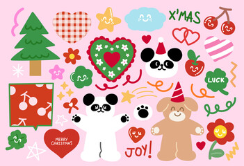 Cute illustration of happy panda, puppy, Christmas tree, cherry, heart, flower, Merry Christmas letters for festive decoration, cartoon character, comic, mascot, animal, souvenir shop, plush toy, doll