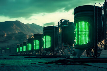 A row of green buildings with a green screen on the front. The buildings are in a desert setting