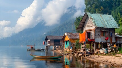 Obraz premium Idyllic rural landscape depicting a traditional Thai village with a cluster of quaint houses situated near a calm meandering river in a lush natural setting