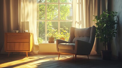 Living room featuring cozy armchairs and a contemporary drawer beside a bright window, the interior bathed in natural light