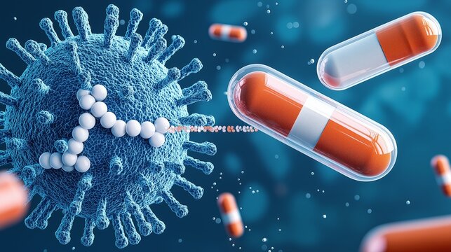 A close-up of a virus surrounded by colorful capsules, illustrating the intersection of medicine and virology.
