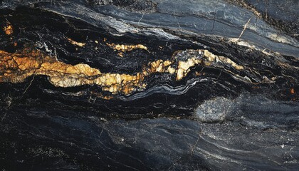 Close up of black marble with golden veins.