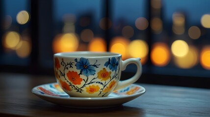 A close-up of a steaming cup of tea with an orange floral design, set against a blurred cityscape with colorful lights, creating a romantic and peaceful atmosphere perfect for relaxation.