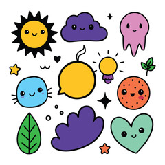 A collection of cartoon characters including sun clouds sun and sun