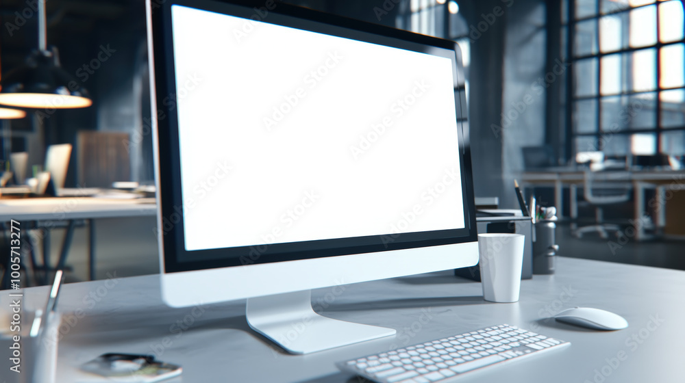 Poster modern computer screen sits on sleek desk in stylish office environment, featuring empty white backg