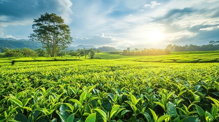 Lush Green Tea Field under Cloudy Sky