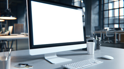 modern computer screen sits on sleek desk in stylish office environment, featuring empty white background. workspace is well lit, creating professional atmosphere