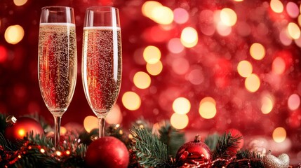 Two champagne glasses set against a festive bokeh backdrop. Happy New Year's Eve and Merry Christmas.