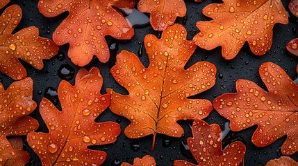 Close-up of vibrant orange oak leaves covered in water droplets.