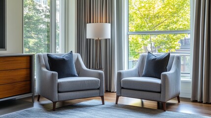Stylish living room with comfortable armchairs, a modern drawer, and a bright window offering ample natural light