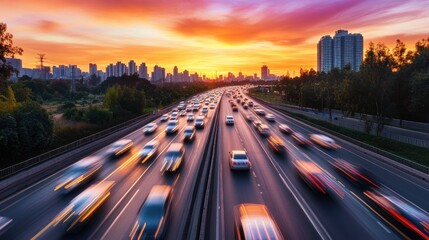 Fototapeta premium Vibrant Sunset Over Busy City Highway