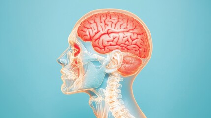 Obraz premium Anatomical model of a human brain and skull side view.