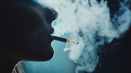 Fototapeta premium Silhouette of Person Inhaling with Smoke Around