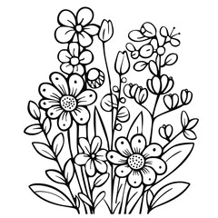 Cute design with flowers coloring page, Hand drawn flat design simple flower outline set.