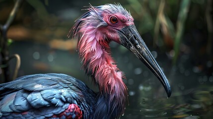 Naklejka premium Close Up Portrait of a Pink and Black Bird in Water