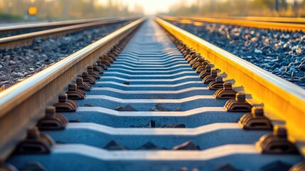Obraz premium Tranquil Railway Tracks During Golden Hour Light