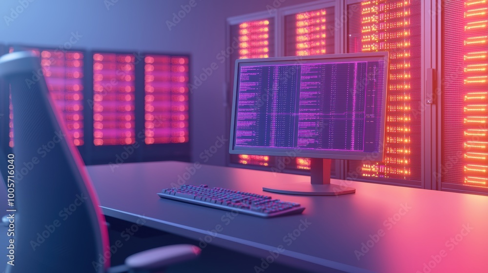 Poster computer desk with illuminated screens in a modern workspace