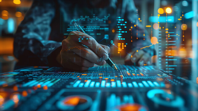 Digital technology internet network connection big data digital marketing, A men making graps for bussiness, Business people collaborate together in office. Internet connection effects