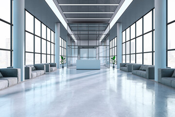 Contemporary spacious office corridor with reception desk, panoramic windows with city view, daylight and couches. 3D Rendering.