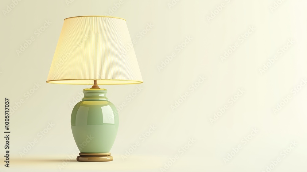 Poster elegant green lamp with soft light on a minimalistic background.