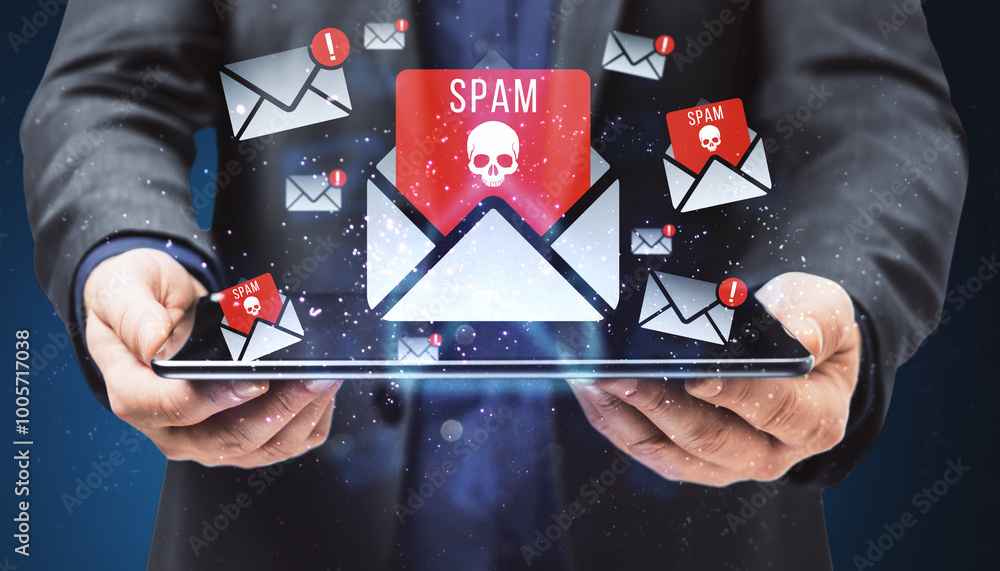 Poster close up of businessman hand holding tablet with abstract spam emails on blue background. junk mail,