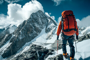 A man in an orange jacket stands on a snowy mountain with a backpack on his back. Concept of adventure and excitement, as the man is preparing to embark on a challenging journey