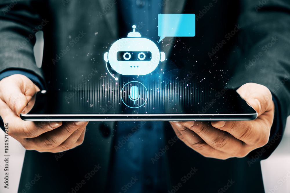 Poster close up of businessman hand holding tablet with glowing robot head on blurry background. chat bot a