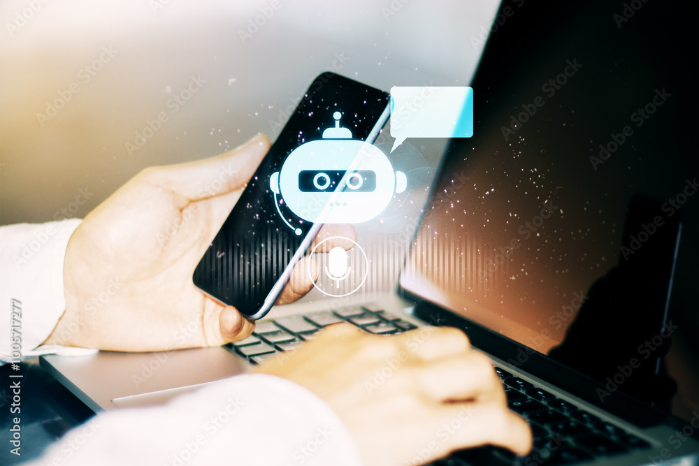 Poster Close up of businessman hand using cellphone and laptop with glowing robot head on blurry background. Chat bot and customer service concept.