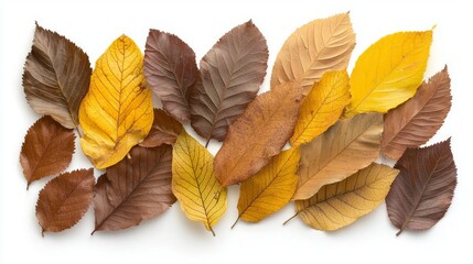 Obraz premium Serene Autumn Vibes - Vibrant Leaves Flat Lay on White Background