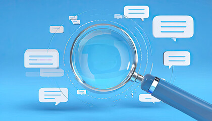 background with a bubble,symbol on water,graphic magnifier with glass effect and speach bubbles symbolizing interaction and search 