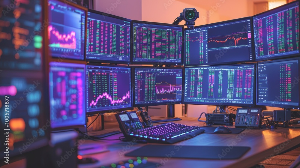 Aufkleber high-tech trading desk with multiple monitors displaying data.