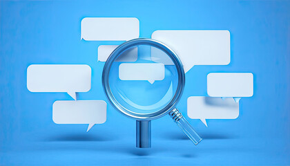 background with a bubble,symbol on water,graphic magnifier with glass effect and speach bubbles symbolizing interaction and search 