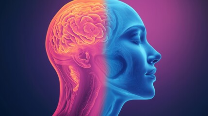 Human profile with vibrant brain illustration, colorful background.