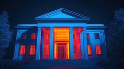 Illuminated neoclassical house at night, vibrant colors.