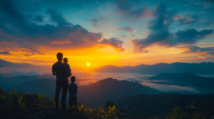 Obraz premium 夕焼けを眺める親子のシルエット