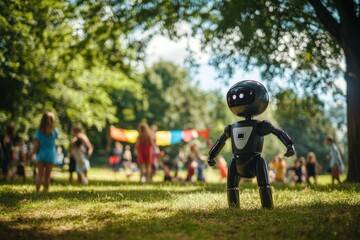 A friendly robot stands in a vibrant park. Children play and enjoy the sunny day. This image captures joy and technology in a natural setting. Generative AI
