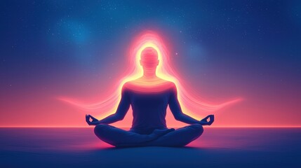 Meditative figure with glowing aura against a cosmic background.