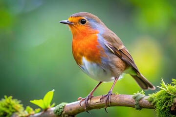 A charming European Red Robin perches on a tree branch, its vibrant red breast contrasting beautifully with the