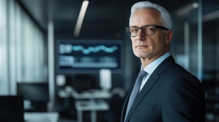 Obraz premium Confident senior businessman in a modern office with data on screen, representing leadership, success, and professional integrity.