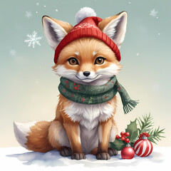 A cute fox wearing a Santa hat and a green scarf, sitting in a snowy winter setting with Christmas ornaments and a wreath...