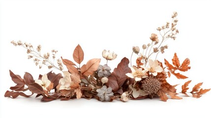 Obraz premium Autumnal Bliss - Assorted Dried Flowers and Leaves on White Background
