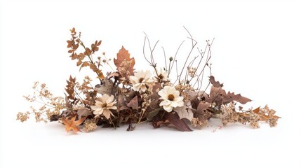Autumn Harmony: A Delightful Array of Dried Flowers and Leaves on White Background