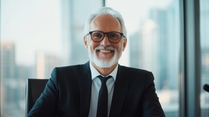 Fototapeta premium Portrait of a smiling senior businessman wearing glasses, sitting in a modern office with city skyline in the background.